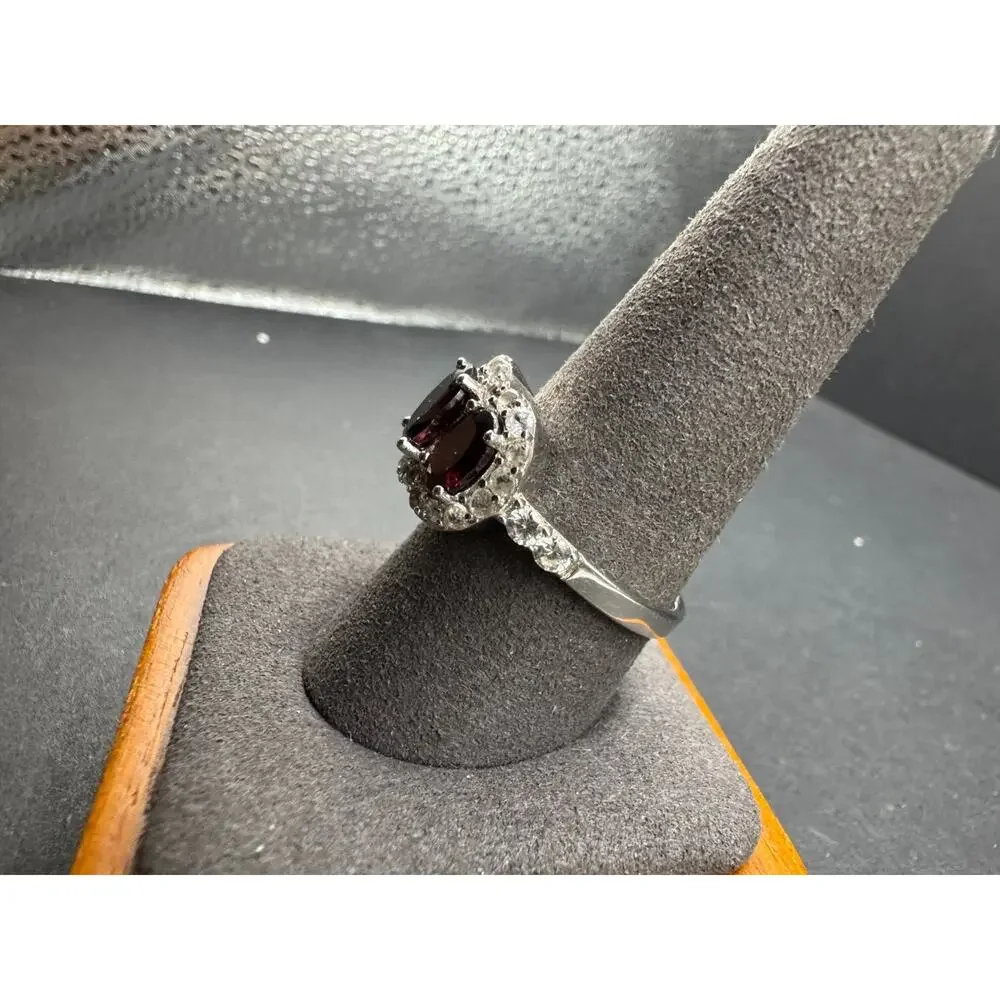 Vintage 925 Sterling Silver 3 Stone Red Garnet CZ Halo Ring Size 10